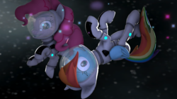 Size: 1920x1080 | Tagged: safe, artist:natarstudios, pinkie pie, rainbow dash, g4, 3d, astronaut, floating, source filmmaker, space, spacesuit, this will end in death