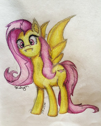 Size: 1024x1280 | Tagged: safe, artist:ialyrnaeloria, fluttershy, bat pony, pony, g4, cropped, female, flutterbat, head tilt, looking at you, race swap, solo, spread wings, traditional art, watermark