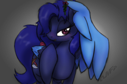 Size: 1500x1000 | Tagged: safe, artist:miniferu, oc, oc only, oc:crazy soul, pegasus, pony, christmas, gradient background, hair over one eye, lidded eyes, mistleholly, raised hoof, solo, spread wings, tongue out