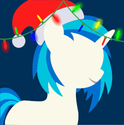 Size: 795x800 | Tagged: safe, artist:arifproject, edit, part of a set, dj pon-3, vinyl scratch, pony, unicorn, g4, animated, arif's christmas pones, beautiful, blue background, christmas lights, cute, dark background, derpibooru background pony icon, female, garland, gif, happy, hat, horn, lights, lineless, mare, minimalist, santa hat, simple background, smiling, solo, vinylbetes
