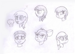 Size: 2338x1700 | Tagged: safe, artist:peternators, crystal hoof, derpy hooves, scootaloo, shining armor, thorax, oc, oc:cream heart, oc:littlepip, changeling, human, g4, bow, disguise, disguised changeling, food, humanized, monochrome, muffin, sketch, traditional art