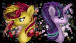 Size: 3800x2159 | Tagged: safe, artist:ilynalta, starlight glimmer, sunset shimmer, pony, g4, counterparts, duo, high res, sad, twilight's counterparts, wallpaper