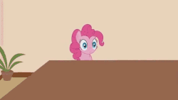 Size: 640x360 | Tagged: safe, artist:forgalorga, pinkie pie, earth pony, pony, your little pets, g4, animated, confused, emotionless, female, flower pot, fourth wall, gif, implied semi-grimdark, looking at you, mare, plant, pot, reaction image, solo, stare, table, thousand yard stare, wide eyes, youtube link