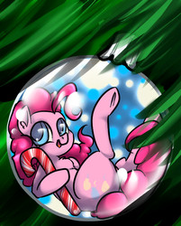 Size: 547x682 | Tagged: safe, artist:whale, pinkie pie, earth pony, pony, g4, candy, candy cane, chest fluff, christmas ornament, christmas tree, colored pupils, decoration, female, food, on back, solo, tree