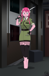 Size: 2610x4034 | Tagged: safe, artist:toxic-mario, pinkie pie, earth pony, anthro, unguligrade anthro, g4, blades, crossover, female, high res, military uniform, solo