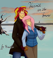 Size: 1280x1408 | Tagged: safe, artist:pasu-chan, fluttershy, sunset shimmer, fanfic:warmth in the snow, series:who we become, equestria girls, g4, cuddling, fanfic, fanfic art, female, height difference, hug, lesbian, ship:sunshyne, shipping, snuggling, story in the source