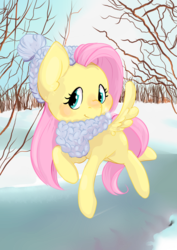 Size: 1024x1448 | Tagged: safe, artist:squishycuddle, fluttershy, pony, g4, clothes, cute, female, flying, hat, ice, looking at you, scarf, shyabetes, snow, solo, spread wings, turned head, winter