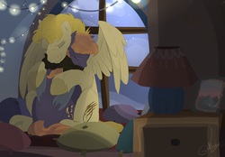 Size: 1024x714 | Tagged: safe, artist:rutkotka, oc, oc only, bat pony, pony, cushion, duo, eyes closed, hug, lamp, window