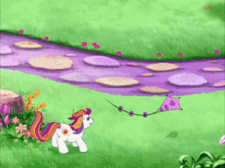 Size: 335x250 | Tagged: safe, screencap, pinkie pie (g3), rainbow dash (g3), scooter sprite, sunny daze (g3), pony, dancing in the clouds, g3, animated, banner, female, gif, kite