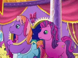 Size: 335x250 | Tagged: safe, screencap, blossomforth (g3), daisyjo, merriweather, seaspray (g3), skywishes, twinkle twirl, earth pony, pony, dancing in the clouds, g3, animated, castle, celebration castle, clothes, cute, cutewishes, dawwsyjo, female, g3 adoraforth, g3 adoraspray, g3 merriweawwwther, gif, indoors, lidded eyes, mare, night, out of context, talking, tutu, twinkledorable