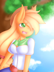 Size: 1536x2048 | Tagged: safe, artist:silviasilvar, applejack, anthro, g4, belt, breasts, clothes, cloud, cute, denim skirt, equestria girls outfit, female, jackabetes, open mouth, skirt, solo, tree
