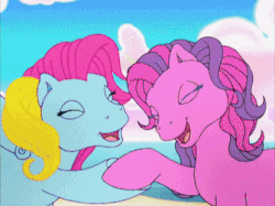 Size: 335x250 | Tagged: safe, screencap, coconut grove, skywishes, earth pony, pegasus, pony, friends are never far away, g3, animated, female, food, gif, ice cream, ice cream mountain, leaning tower of ice cream