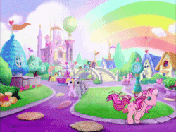 Size: 335x250 | Tagged: safe, screencap, pinkie pie (g3), rainbow dash (g3), skywishes, twinkle twirl, earth pony, pony, friends are never far away, g3, animated, butt, female, gif, plot