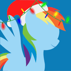 Size: 795x800 | Tagged: safe, artist:arifproject, edit, part of a set, rainbow dash, pegasus, pony, animated, arif's christmas pones, beautiful, blue background, christmas lights, cute, derpibooru background pony icon, female, garland, gif, happy, hat, lights, lineless, mare, minimalist, santa hat, simple background, smiling, solo, spread wings, wings