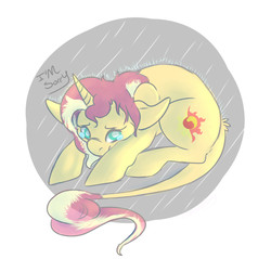 Size: 919x879 | Tagged: safe, artist:sinnamonbunny, sunset shimmer, classical unicorn, pony, g4, crying, female, horn, leonine tail, rain, solo, wet
