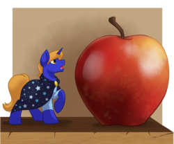 Size: 1200x1000 | Tagged: safe, artist:itstaylor-made, oc, oc only, oc:star bright, pony, unicorn, apple, cape, clothes, food, male, micro, shrinking, solo, stallion