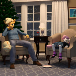 Size: 1600x1600 | Tagged: safe, artist:tahublade7, applejack, sweetie belle, anthro, plantigrade anthro, g4, 3d, alcohol, armchair, boots, bored, chair, christmas presents, christmas tree, clothes, cute, daz studio, jeans, lamp, mary janes, panties, pants, plaid, plate, skirt, socks, tree, underwear, upskirt, white underwear, wine, wine glass