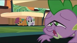 Size: 960x544 | Tagged: safe, screencap, scootaloo, spike, sweetie belle, g4, just for sidekicks, cutie mark crusaders, faic, hiding