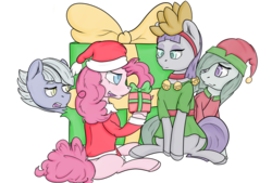 Size: 1280x865 | Tagged: safe, artist:lula-moonarts, limestone pie, marble pie, maud pie, pinkie pie, g4, antlers, christmas, elf hat, hat, pie sisters, present, santa hat, simple background, transparent background