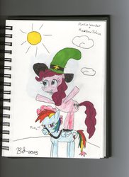 Size: 762x1049 | Tagged: artist needed, source needed, safe, pinkie pie, rainbow dash, g4, alternate hairstyle, clothes, cosplay, costume, crossover, hat, parody, pinkie pie riding rainbow dash, ponies riding ponies, reference, riding, roleplaying, sun, traditional art, wander over yonder, wander over yonder reference, wander's hat