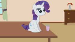Size: 800x450 | Tagged: safe, artist:forgalorga, rarity, pony, your little pets, g4, animated, bad pony, behaving like a cat, everything is ruined, female, gif, pure unfiltered evil, raricat, solo, spilled milk, strawberry milk, table, youtube link