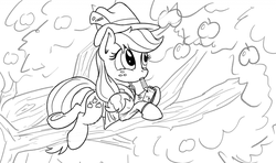 Size: 1280x760 | Tagged: safe, artist:pirill, applejack, earth pony, pony, g4, 30 minute art challenge, female, hat, notepad, pencil, reporter, solo, tree branch, underhoof