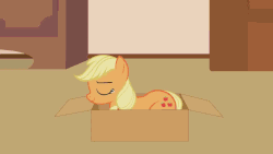 Size: 800x450 | Tagged: safe, artist:forgalorga, applejack, fluttershy, pony, your little pets, animated, annoyed, behaving like a cat, box, cute, eyes closed, female, flying, frown, gif, hatless, hnnng, if i fits i sits, jackabetes, lidded eyes, missing accessory, on top, pony in a box, pony pile, prone, shyabetes, smiling, youtube link