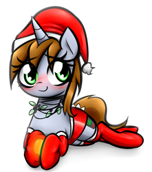 Size: 1932x2182 | Tagged: safe, artist:jetwave, oc, oc only, oc:littlepip, pony, unicorn, fallout equestria, blushing, christmas, christmas lights, clothes, cute, fanfic, fanfic art, female, hat, hooves, horn, mare, santa hat, simple background, smiling, socks, solo, stockings, white background