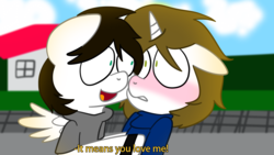 Size: 1600x900 | Tagged: safe, artist:saveraedae, oc, oc:benjamane hoofington, oc:markey malarkey, hug, old design, ponified, shipping fuel, subtitles, the mark side