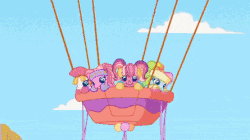 Size: 445x250 | Tagged: safe, screencap, cheerilee (g3), pinkie pie (g3), rainbow dash (g3), starsong, toola-roola, butterfly, pony, g3, g3.5, twinkle wish adventure, animated, female, gif, hot air balloon, map, somewhere super new