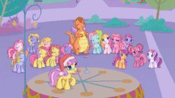 Size: 445x250 | Tagged: safe, screencap, apple spice, cheerilee (g3), cupcake (g3), daisyjo, desert rose, fiesta flair, fizzy pop, mayor flitter flutter, pinkie pie (g3), rainbow dash (g3), scootaloo (g3), starsong, sweetie belle (g3), toola-roola, whimsey weatherbe, dragon, pony, g3, g3.5, twinkle wish adventure, animated, core seven, cute, female, g3 cheeribetes, g3 cutealoo, gif, scootalove