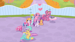 Size: 445x250 | Tagged: safe, screencap, cheerilee (g3), mayor flitter flutter, pinkie pie (g3), rainbow dash (g3), scootaloo (g3), starsong, sweetie belle (g3), toola-roola, pony, g3, g3.5, twinkle wish adventure, animated, core seven, female, gif