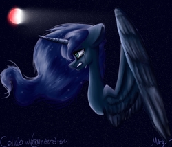 Size: 1685x1445 | Tagged: safe, artist:seriouslygoofy101, artist:underdise, princess luna, pony, g4, collaboration, crying, female, floppy ears, gritted teeth, lineless, moon, solo, space, spread wings