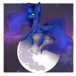 Size: 1024x1024 | Tagged: safe, artist:ponypuu, princess luna, pony, g4, female, mare in the moon, moon, prone, solo, space, stars, tangible heavenly object