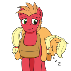 Size: 1280x1280 | Tagged: safe, artist:mkogwheel, applejack, big macintosh, earth pony, pony, g4, carrying, cute, hatless, male, missing accessory, pony pillow, siblings, simple background, sleeping, snoring, stallion, teenage applejack, teenage big macintosh, white background, zzz