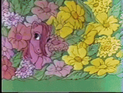 Size: 334x251 | Tagged: safe, screencap, blossom, blue belle, butterscotch (g1), cotton candy (g1), minty (g1), snuzzle, human, pony, g1, official, advertisement, animated, bicycle, bow, brush, flower, gif, heart, irl, irl human, original six, photo, tail bow, target demographic, toy, traditional animation