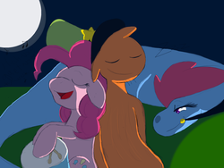 Size: 1024x768 | Tagged: dead source, safe, artist:scribblesea, pinkie pie, zbornak, g4, back to back, bonding, boyfriend and girlfriend, crossover, crossover shipping, cute, daaaaaaaaaaaw, dialogue, drums, eyes closed, female, heartwarming, hush now quiet now, impressed, interspecies, love, lullaby, male, moon, musical instrument, night, pinker, public display of affection, romantic, singing, sleeping, straight, sweet dreams fuel, sylvia (wander over yonder), together forever, wander (wander over yonder), wander over yonder, zzz