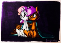 Size: 1280x907 | Tagged: safe, artist:theorderofalisikus, scootaloo, sweetie belle, pegasus, pony, unicorn, g4, blanket, duo, female, lesbian, ship:scootabelle, shipping, teddy bear, traditional art