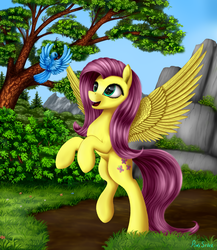 Size: 2600x3000 | Tagged: safe, artist:pony-stark, fluttershy, bird, g4, bush, cliff, eye reflection, female, high res, path, rearing, rock, solo, spread wings, tree