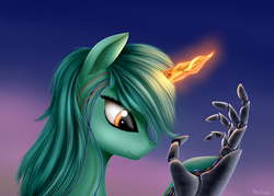 Size: 2800x2000 | Tagged: safe, artist:pony-stark, lyra heartstrings, pony, unicorn, g4, bust, ear fluff, female, glowing horn, hand, high res, horn, magic, mare, mechanical hands, portrait, profile, raised hoof, signature, sky, smiling, solo, stars, technology, that pony sure does love hands, twilight (astronomy), wires