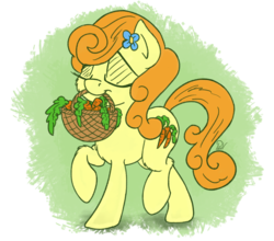 Size: 2459x2160 | Tagged: safe, artist:pirill, carrot top, golden harvest, pony, g4, 30 minute art challenge, basket, carrot, eyes closed, female, high res, raised hoof, simple background, solo, transparent background, vegetables, walking