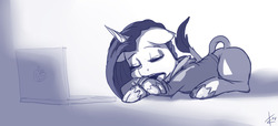 Size: 1280x582 | Tagged: safe, artist:crade, oc, oc only, oc:yodi, classical unicorn, pony, cloven hooves, computer, horn, laptop computer, leonine tail, male, monochrome, sleeping, sleepy, solo, stallion, unshorn fetlocks