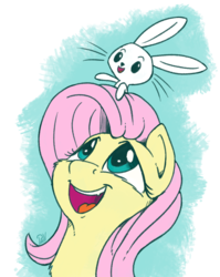 Size: 1665x2094 | Tagged: safe, artist:pirill, angel bunny, fluttershy, g4, 30 minute art challenge, bunny on head, bust, cute, cute little fangs, fangs, looking at something, looking up, open mouth, portrait, shyabetes, simple background, sitting on head, sitting on person, smiling, transparent background