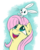 Size: 1665x2094 | Tagged: safe, artist:pirill, angel bunny, fluttershy, g4, 30 minute art challenge, bunny on head, bust, cute, cute little fangs, fangs, looking at something, looking up, open mouth, portrait, shyabetes, simple background, sitting on head, sitting on person, smiling, transparent background