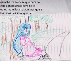Size: 2259x1946 | Tagged: safe, artist:elgatosabio, sonata dusk, equestria girls, g4, bench, crying, female, lined paper, pregnant, sitting, solo, spanish, traditional art, translated in the description, tree