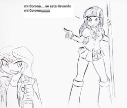 Size: 1257x1072 | Tagged: safe, artist:elgatosabio, sunset shimmer, twilight sparkle, equestria girls, g4, alcohol, beer, beer bottle, duo, female, grayscale, monochrome, pun, simple background, spanish, traditional art, translated in the description