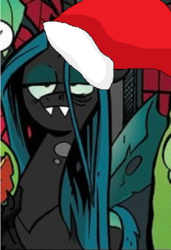 Size: 684x1000 | Tagged: safe, edit, idw, queen chrysalis, pony, g4, bad edit, christmas, female, hat, holiday, santa hat, solo