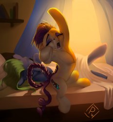Size: 2000x2154 | Tagged: safe, artist:poisewritik, high heel, mane-iac, earth pony, pony, g4, armpits, bed, braid, eyes closed, eyeshadow, female, floppy ears, high res, lesbian, makeup, morning, morning ponies, muscles, on side, open mouth, ship:heel-iac, shipping, sitting, sleeping, stretching, window