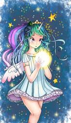 Size: 750x1280 | Tagged: safe, artist:161141, princess celestia, human, g4, :o, clothes, cute, dress, female, flower, flower in hair, horn, horned humanization, humanized, open mouth, short dress, solo, spread wings, stars, tangible heavenly object, wide eyes, winged humanization