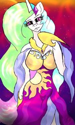 Size: 600x1000 | Tagged: safe, artist:zomixnu, princess celestia, anthro, g4, arm hooves, big breasts, breasts, busty princess celestia, clothes, dress, female, huge breasts, phone drawing, solo